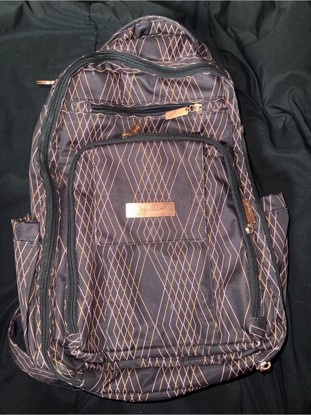 Womens Black Backpack with Rose Gold Pattern